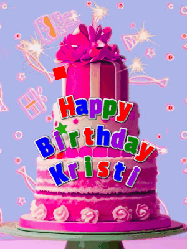 Happy Birthday Kristi GIF: A big beautiful birthday cake gif with falling confetti, sparklers, and balloons, reads Happy Birthday Name. Customize it.