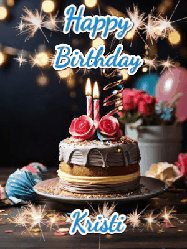 Happy Birthday Kristi GIF: Sparkles and glitter happy birthday gif with a cake and flickering candles and sparklers behind the words happy birthday customize