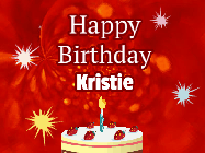 Happy Birthday Kristie GIF: A bright red happy birthday gif animated with a cake candle, and glitter and sparkles. Customize with name.