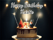 Happy Birthday Kristie GIF: Animated birthday cake gif with sparklers on a dark background. Personalize up to 3 lines of text.
