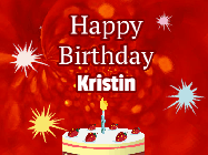 Happy Birthday Kristin GIF: A bright red happy birthday gif animated with a cake candle, and glitter and sparkles. Customize with name.