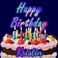 Happy Birthday Kristin GIF: A dark blue birthday gif with a beautiful cake with flickering candles, background sparkles and a name to customize.