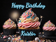 Happy Birthday Kristin GIF: A delicious cupcake gif with animated sparkles reading Happy Birthday with a name to customize
