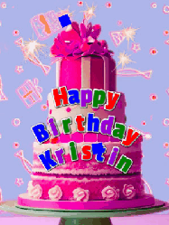 Happy Birthday Kristin GIF: A big beautiful birthday cake gif with falling confetti, sparklers, and balloons, reads Happy Birthday Name. Customize it.