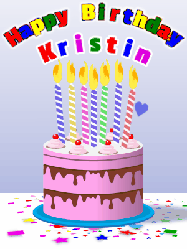 Happy Birthday Kristin GIF: Cartoon style happy birthday gif cake with confetti of stars and hearts, and rising balloons. Customize the name.