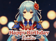 Happy Birthday Kristin GIF: Anime girl holding a birthday cake and an animated sword falls into it. Text reads Happy Birthday Customize