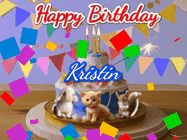 Happy Birthday Kristin GIF: Happy Birthday Cake GIF with a cat, lamb, and squirrel on the cake with flickering candles, a sparkler, and falling confetti. Reads Happy Birthday Name and you can customize the name