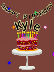 Happy Birthday Kyle GIF: Animated birthday gif of a chocolate cartoon cake and stars. Animated text can be customized with name.