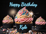 Happy Birthday Kyle GIF: A delicious cupcake gif with animated sparkles reading Happy Birthday with a name to customize