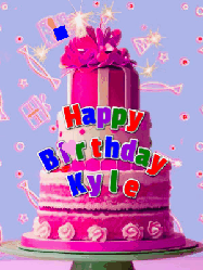 Happy Birthday Kyle GIF: A big beautiful birthday cake gif with falling confetti, sparklers, and balloons, reads Happy Birthday Name. Customize it.