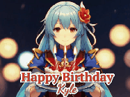 Happy Birthday Kyle GIF: Anime girl holding a birthday cake and an animated sword falls into it. Text reads Happy Birthday Customize