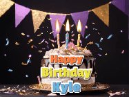 Happy Birthday Kyle GIF: Happy birthday cake animated gif with flickering candles, animated text, and falling confetti. Customize text reading Happy Birthday Customize.