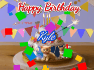 Happy Birthday Kyle GIF: Happy Birthday Cake GIF with a cat, lamb, and squirrel on the cake with flickering candles, a sparkler, and falling confetti. Reads Happy Birthday Name and you can customize the name