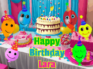 Happy Birthday Lara GIF: A birthday animated gif with a party room in the background and cute balloons, cake, and name to customize.