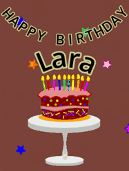 Happy Birthday Lara GIF: Animated birthday gif of a chocolate cartoon cake and stars. Animated text can be customized with name.