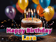 Happy Birthday Lara GIF: A birthday cake with flickering candles gif with text reading Happy Birthday and a Name slot to customize