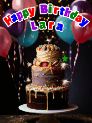 Happy Birthday Lara GIF: Beautiful birthday cake animated gif, a celebration of balloons, confetti, and sparklers. Customize banner and name.