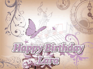 Happy Birthday Lara GIF: Classical birthday gif background with colorful musical notes floating past and a name you can customize, reads Happy Birthday.
