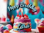 Happy Birthday Lara GIF: Animated Happy Birthday Gif reading Happy Birthday Customize. Depicts a colorful birthday with flickering candles and glitter.