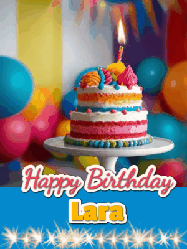 Happy Birthday Lara GIF: A birthday card gif with a cake and candle and a blue ribbon with animated sparklers. Reads Happy Birthday Name