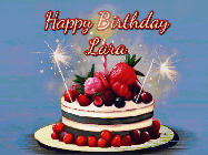 Happy Birthday Lara GIF: Animated GIF of a birthday cake covered in berries with 2 sparklers and a candle, reads Happy Birthday Name. Customize it.