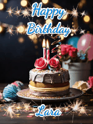Happy Birthday Lara GIF: Sparkles and glitter happy birthday gif with a cake and flickering candles and sparklers behind the words happy birthday customize