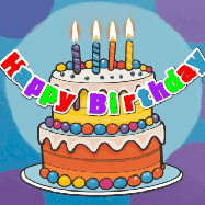 Happy Birthday Larry GIF: Festive birthday cake GIF with name, stars, hearts, and confetti streaking past and flickering candles.