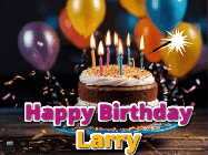 Happy Birthday Larry GIF: A birthday cake with flickering candles gif with text reading Happy Birthday and a Name slot to customize