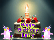 Happy Birthday Larry GIF: An animated gif with 2 unicorns and a birthday candle on a cake.