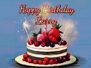 Happy Birthday Larry GIF: Animated GIF of a birthday cake covered in berries with 2 sparklers and a candle, reads Happy Birthday Name. Customize it.