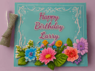 Happy Birthday Larry GIF: Animated Birthday GIF as a colorful birthday card reading Happy Birthday Name and flower petals floating past.