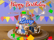 Happy Birthday Larry GIF: Happy Birthday Cake GIF with a cat, lamb, and squirrel on the cake with flickering candles, a sparkler, and falling confetti. Reads Happy Birthday Name and you can customize the name