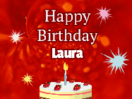 Happy Birthday Laura GIF: A bright red happy birthday gif animated with a cake candle, and glitter and sparkles. Customize with name.