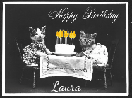 Happy Birthday Laura GIF: 2 cats sit at a table with a birthday cake with animated candles in this birthday gif you can customize with name.