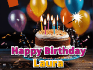Happy Birthday Laura GIF: A birthday cake with flickering candles gif with text reading Happy Birthday and a Name slot to customize