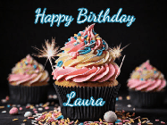 Happy Birthday Laura GIF: A delicious cupcake gif with animated sparkles reading Happy Birthday with a name to customize