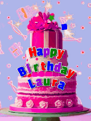 Happy Birthday Laura GIF: A big beautiful birthday cake gif with falling confetti, sparklers, and balloons, reads Happy Birthday Name. Customize it.