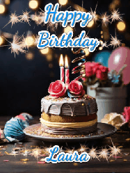 Happy Birthday Laura GIF: Sparkles and glitter happy birthday gif with a cake and flickering candles and sparklers behind the words happy birthday customize