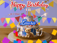 Happy Birthday Laura GIF: Happy Birthday Cake GIF with a cat, lamb, and squirrel on the cake with flickering candles, a sparkler, and falling confetti. Reads Happy Birthday Name and you can customize the name