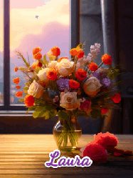 Happy Birthday Laura GIF: A vase of flowers and animated hearts pop in and out as the words Happy Birthday Name appears that you can customize