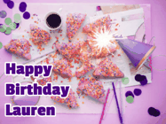 Happy Birthday Lauren GIF: A big paper sparkle highlights this animated birthday gif showing a birthday cake place setting with decorations.