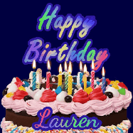 Happy Birthday Lauren GIF: A dark blue birthday gif with a beautiful cake with flickering candles, background sparkles and a name to customize.