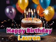 Happy Birthday Lauren GIF: A birthday cake with flickering candles gif with text reading Happy Birthday and a Name slot to customize