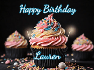 Happy Birthday Lauren GIF: A delicious cupcake gif with animated sparkles reading Happy Birthday with a name to customize