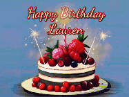 Happy Birthday Lauren GIF: Animated GIF of a birthday cake covered in berries with 2 sparklers and a candle, reads Happy Birthday Name. Customize it.