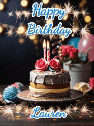 Happy Birthday Lauren GIF: Sparkles and glitter happy birthday gif with a cake and flickering candles and sparklers behind the words happy birthday customize