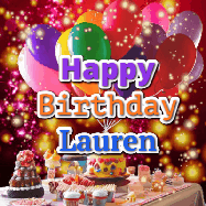 Happy Birthday Lauren GIF: Animated happy birthday gif on a bright red glittery background and 3 lines of text reading Happy Birthday Customize