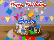 Happy Birthday Lauren GIF: Happy Birthday Cake GIF with a cat, lamb, and squirrel on the cake with flickering candles, a sparkler, and falling confetti. Reads Happy Birthday Name and you can customize the name