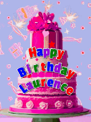 Happy Birthday Laurence GIF: A big beautiful birthday cake gif with falling confetti, sparklers, and balloons, reads Happy Birthday Name. Customize it.