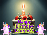 Happy Birthday Laurence GIF: An animated gif with 2 unicorns and a birthday candle on a cake.
